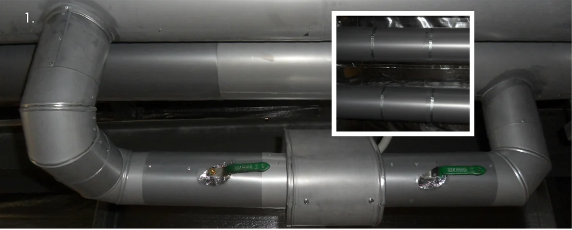 Traditional pipe and tee coverings assembled with visible rivets and on-site joints