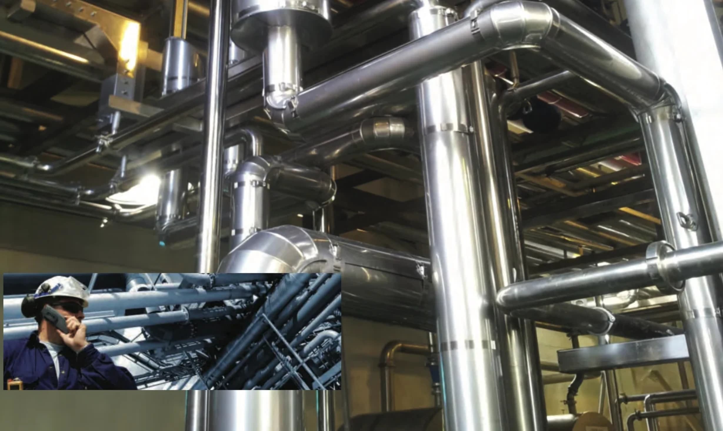 Stainless steel ClickClad Straight Tubes installed in an industrial plant room