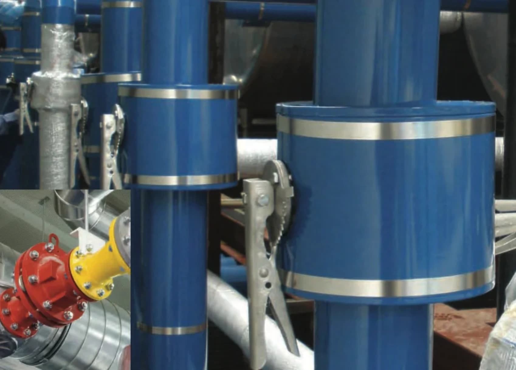 Blue ClickClad Valve Covers installed around industrial valve assemblies