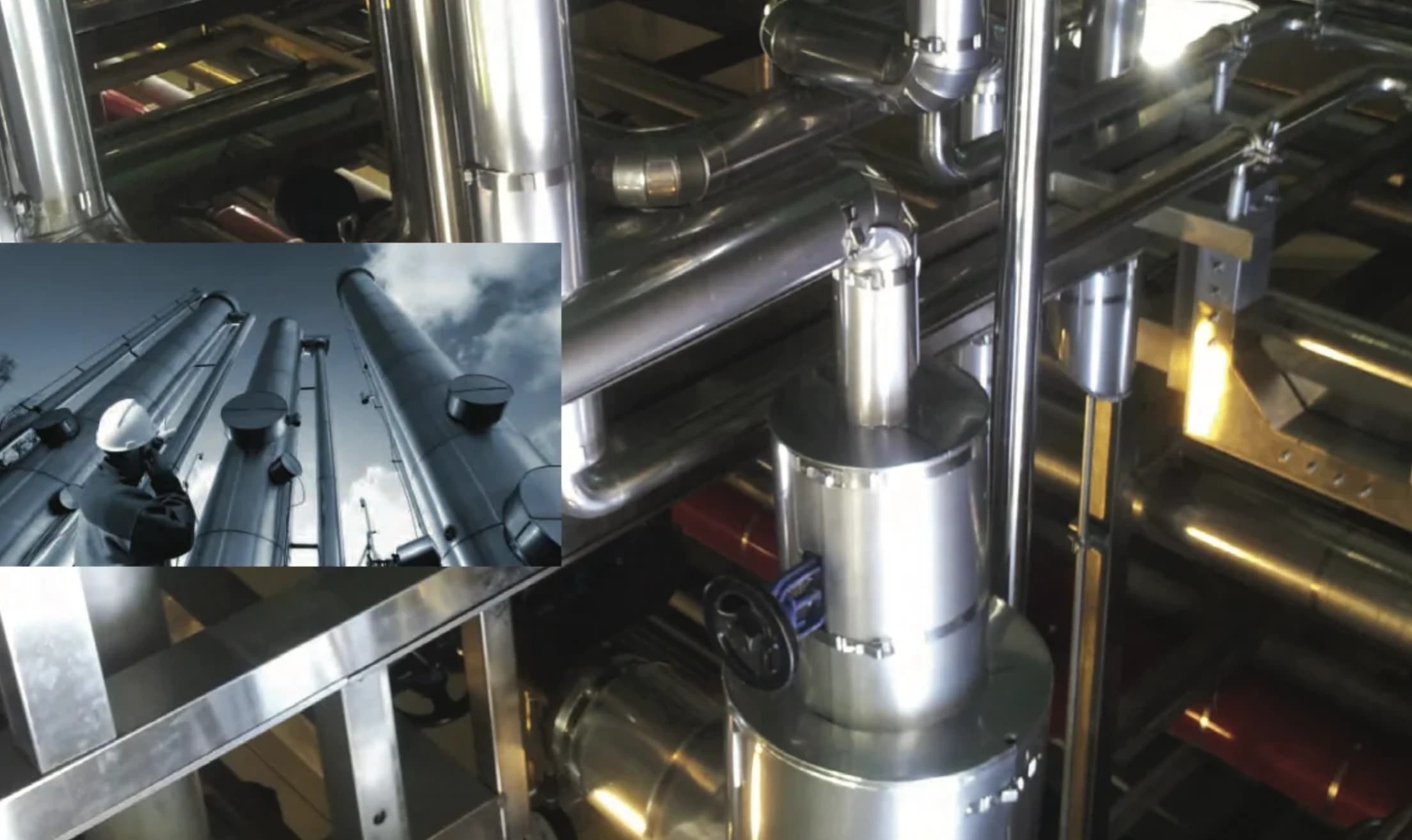 Stainless steel ClickClad End Caps installed on industrial pipework