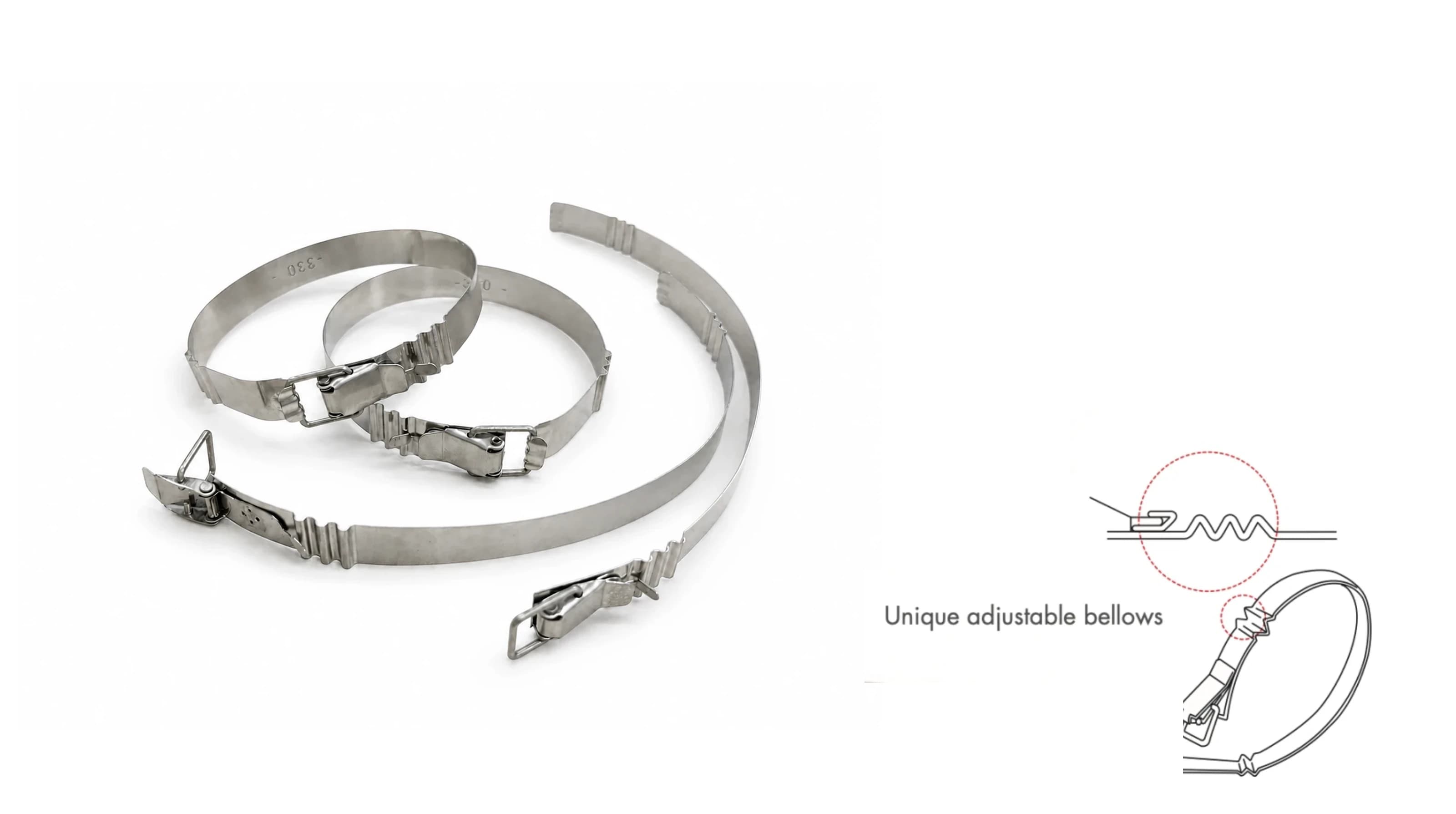 Stainless steel bands with expansion bellows and locking mechanism detail